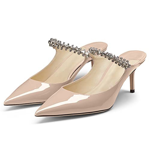 XINIUNIU Women Heeled Mules Patent Leather Strapped Mules Pointed Toe Slip On Sandals for Women Rhinestones Bridal Dress Shoes 6.5cm US Size 5 Nude | Amazon (US)