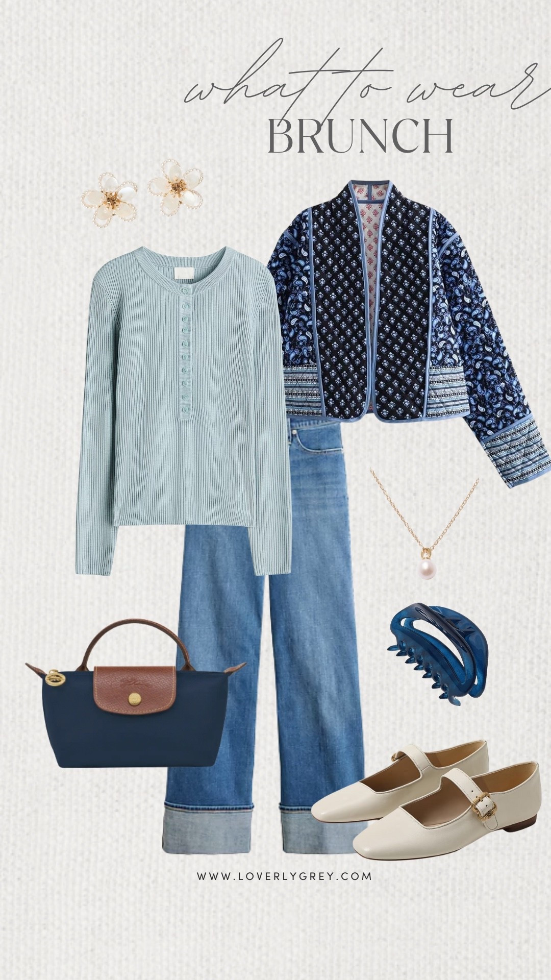 Loverly Grey, what to wear to brunch! A long sleeved ribbed blue H&M top underneath a patterned Amazon jacket and rolled denim jeans. Accessorize the look with a longchamp bag, Mary Jane flats, and flower shaped earrings. Loverly Grey, what to wear, brunch 

#LTKgrwm #LTKFindsUnder100 #LTKSeasonal