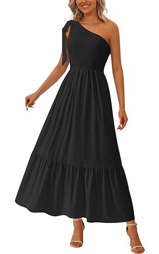 PRETTYGARDEN Womens One Shoulder Summer Maxi Dress Smocked Flowy Boho Beach Long Sundress Sleeveless Wedding Guest Dresses(Black,Small) | Amazon (US)