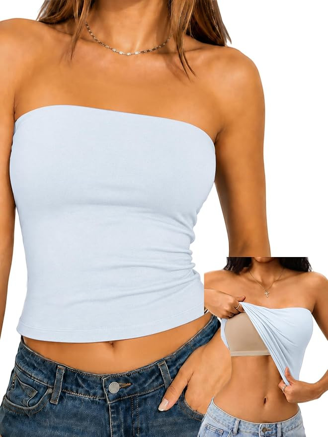 Danysu Nude Built in Bra Tube Tops for Women No See Through Non-Slip Strapless Bandeau Crop Y2K G... | Amazon (US)