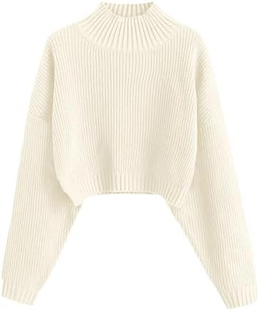ZAFUL Women's Cropped Turtleneck Sweater Lantern Sleeve Ribbed Knit Pullover Sweater Jumper | Amazon (US)