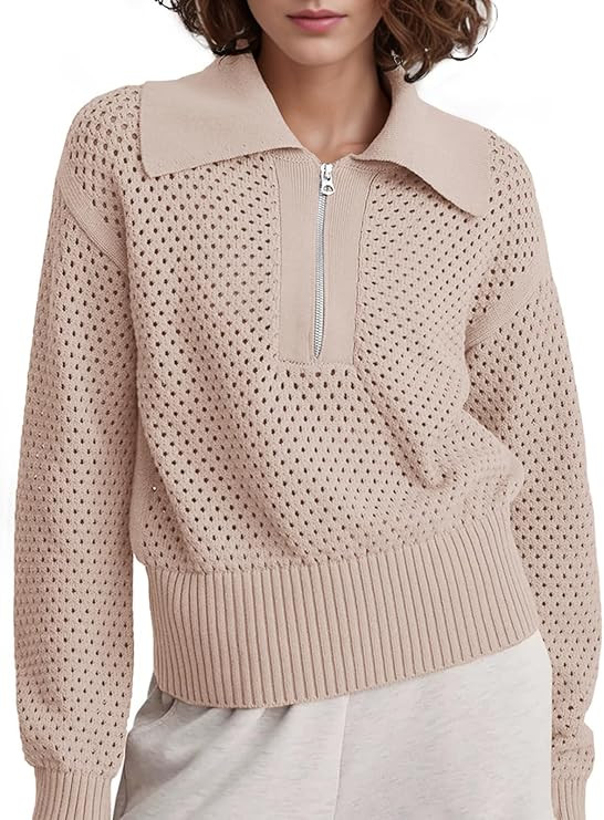 Women's Half Zip Pullover Sweaters Crochet Lapel Collar Long Sleeve Knit Solid Color Jumper Tops | Amazon (US)