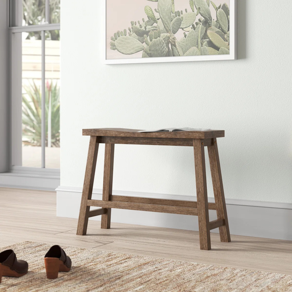 Colynn Saddle Seat Bench with Angled Frame, Sandblasted Acacia Wood | Wayfair North America