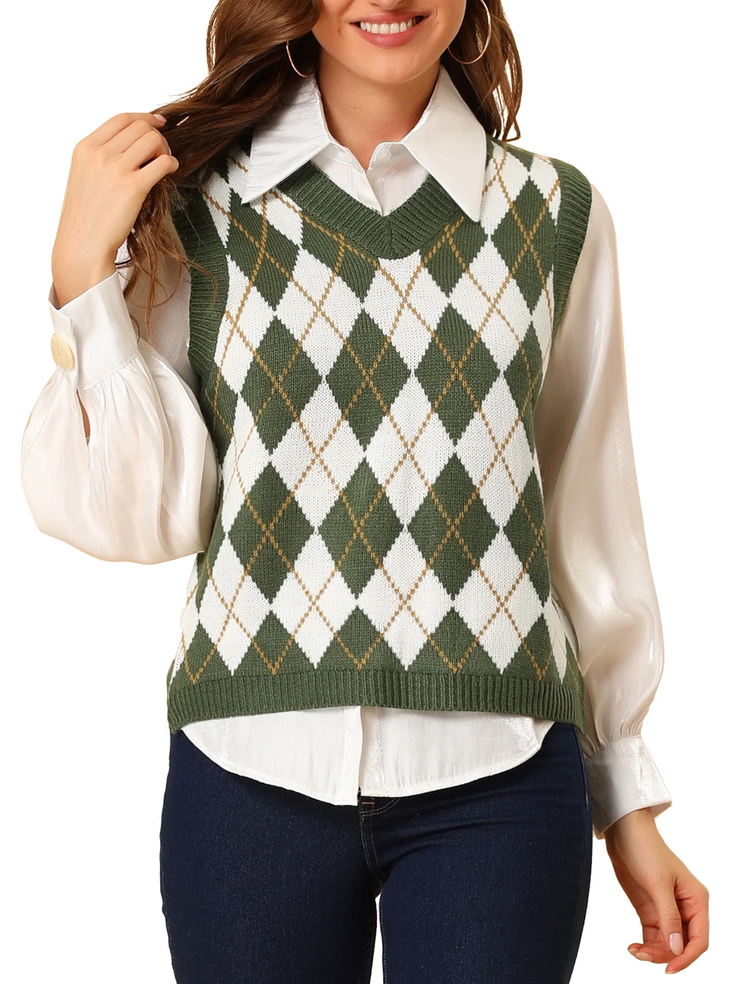Allegra K Women's Plaid Knit Argyle Sweater Sleeveless Vest | Walmart (US)