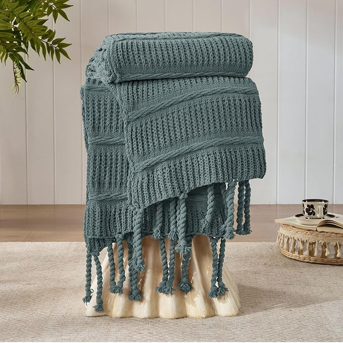 Boho Knitted Chenille Blanket with Tassels - Lightweight & Soft All-Season Throw - 3D Classic Pat... | Amazon (US)