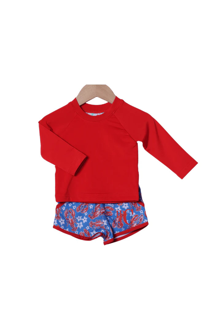 Sweet Lobster Red and Blue Rashguard Swim Trunks Set | The Smocked Flamingo
