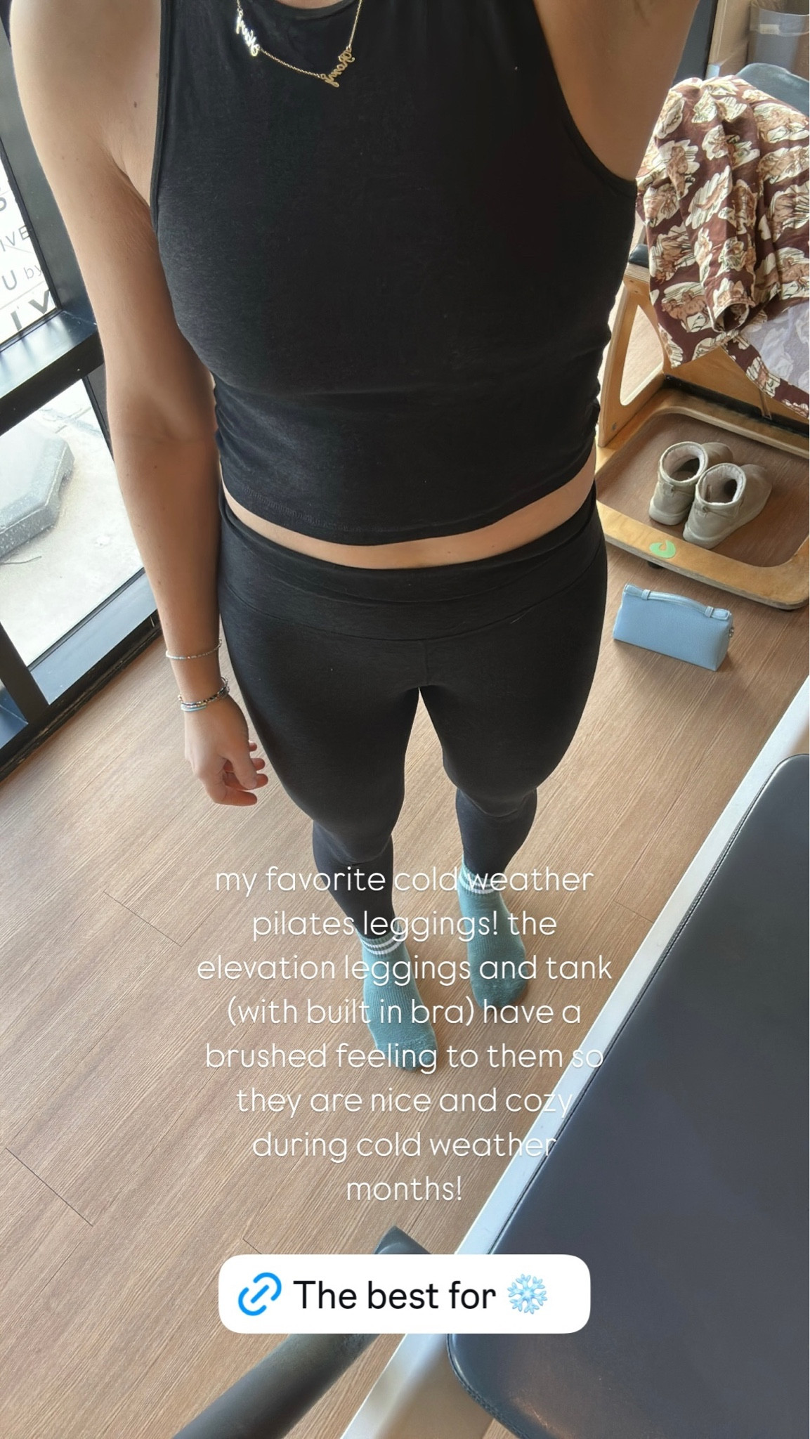 my favorite cold weather pilates leggings! the elevation leggings and tank (with built in bra) have a brushed feeling to them so they are nice and cozy during cold weather months!