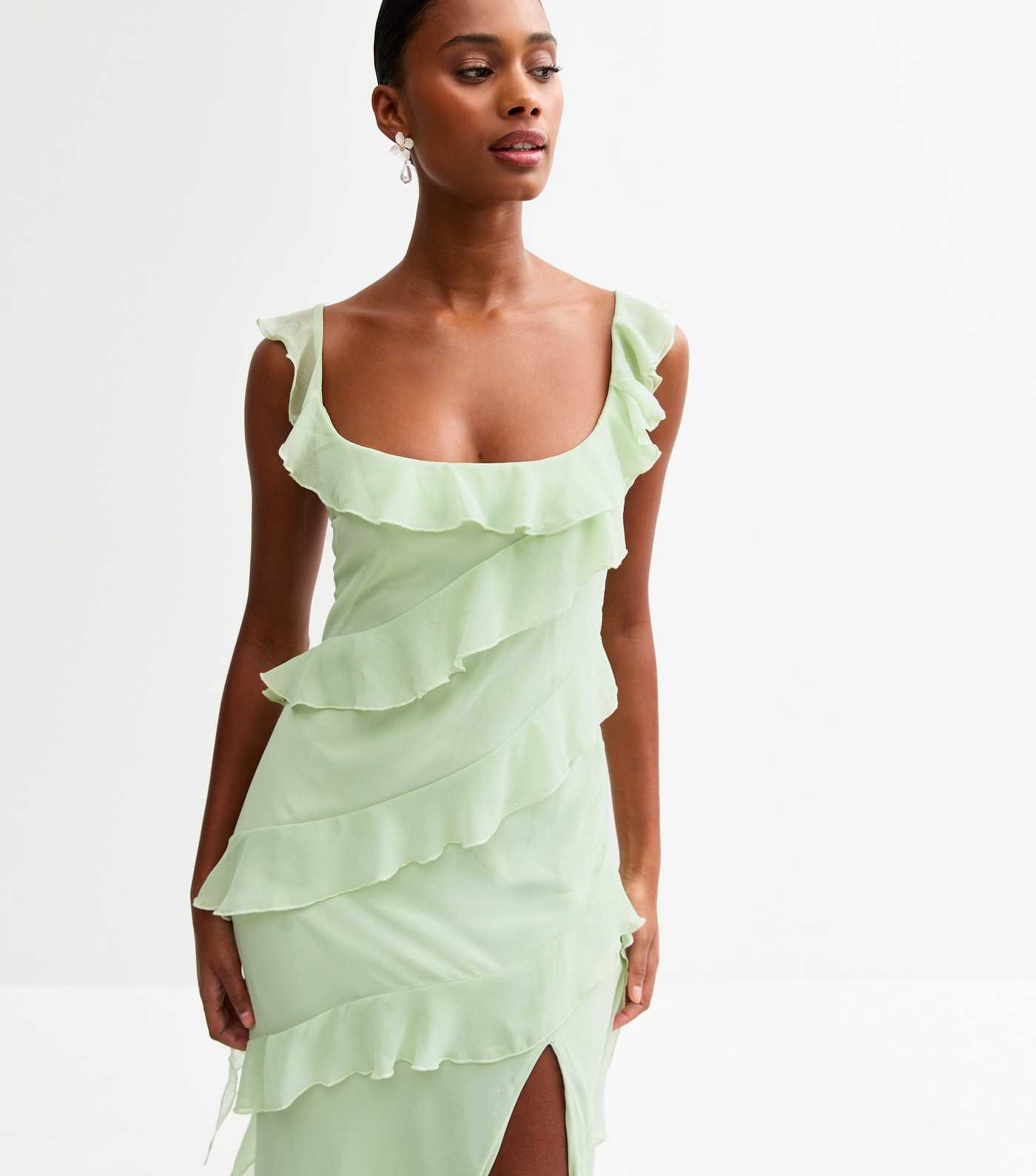 Light Green Asymmetric Ruffled Slit Hem Chiffon Midi Dress | New Look | New Look (UK)