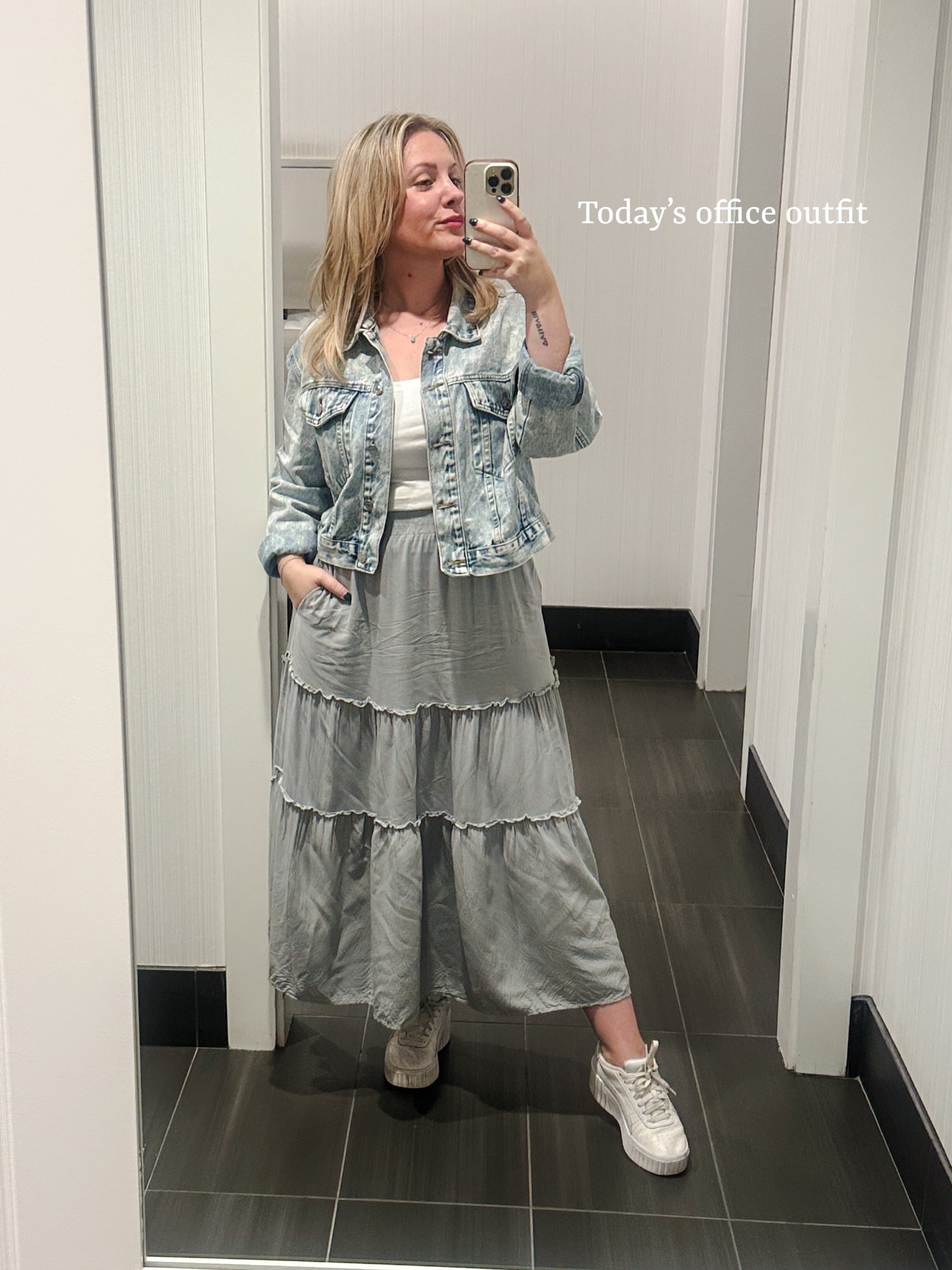 Today’s office outfit, transition outfit summer to fall, winter to spring. Sage maxi skirt outfit for work with drop shoulder denim jacket 
What I wore to work, corporate girlie outfit idea, ootd business casual 

#LTKWorkwear #LTKSeasonal #LTKFindsUnder50