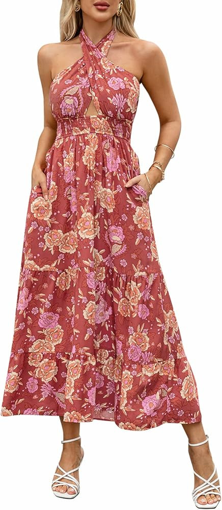 ZESICA Women's Summer Crossover Halter Neck Sleeveless Plaid Cut Out Backless Flowy A Line Maxi Dres | Amazon (US)