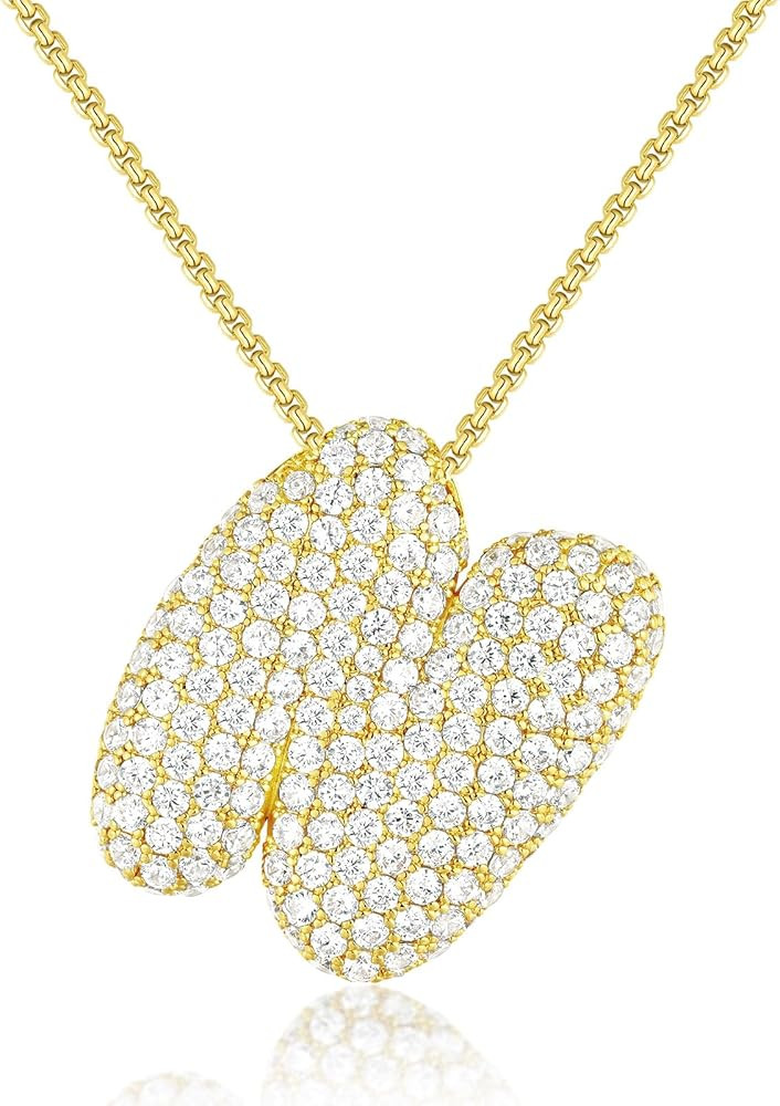 KissYan Bubble Letter Necklace, 14K Gold Plated Balloon Initial Pendant Box Chain Necklace Dainty... | Amazon (US)