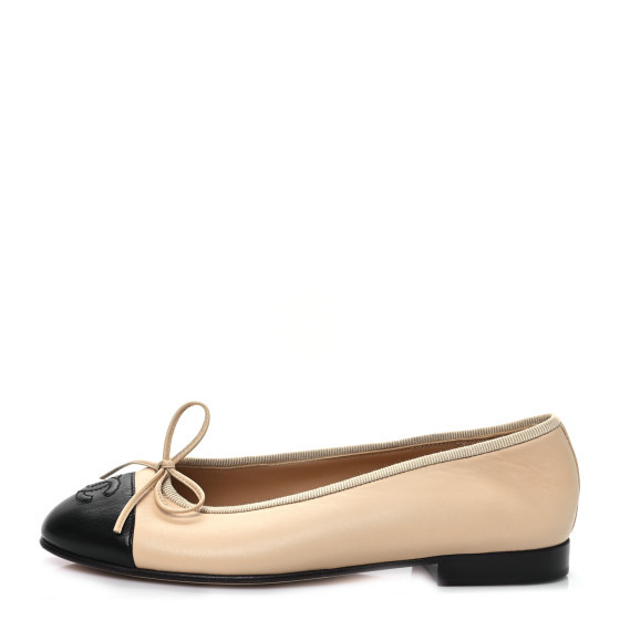 Lambskin Cap Toe CC Ballerina Flats 35.5 Beige Black | FASHIONPHILE (US)