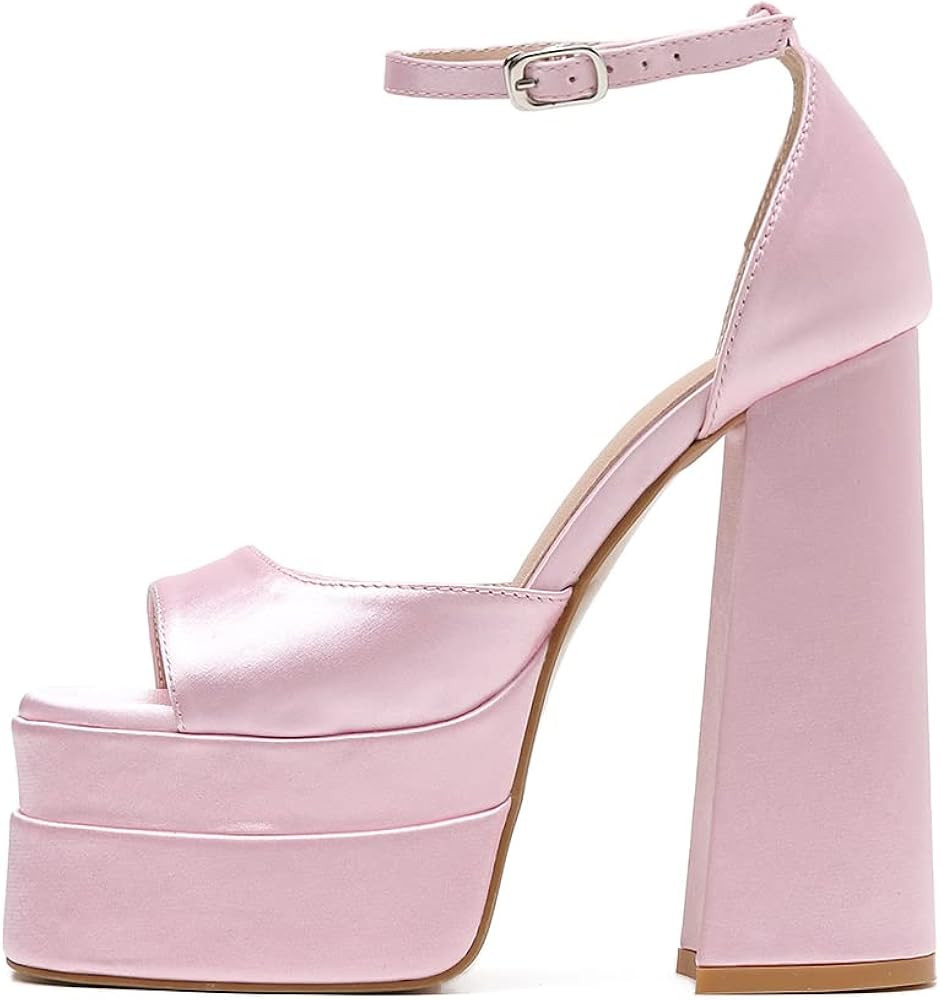 JARZON Women's High Heel Pump Platform Square Toe Chunky High Heels Silk Ankle Strappy Pumps | Amazon (US)