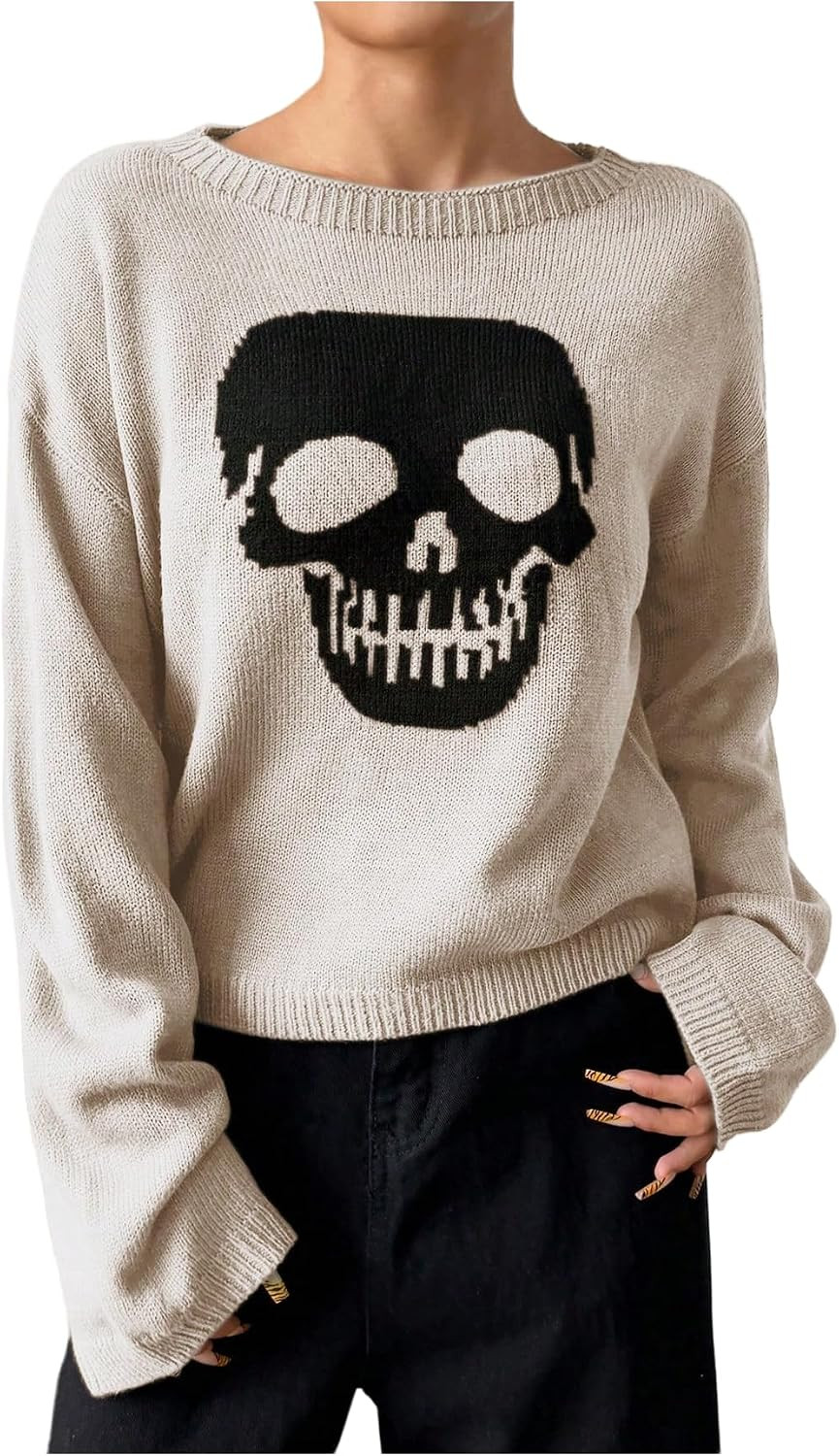 SHENHE Women's Casual Halloween Skull Pattern Crew Neck Pullover Sweater | Amazon (US)