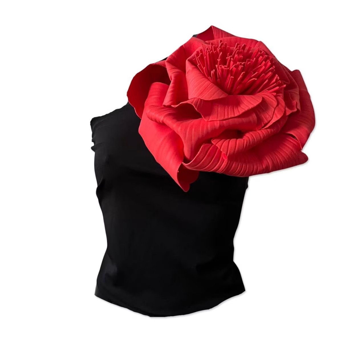 Black One Shoulder Top With Red Flower Pin | Wolf & Badger