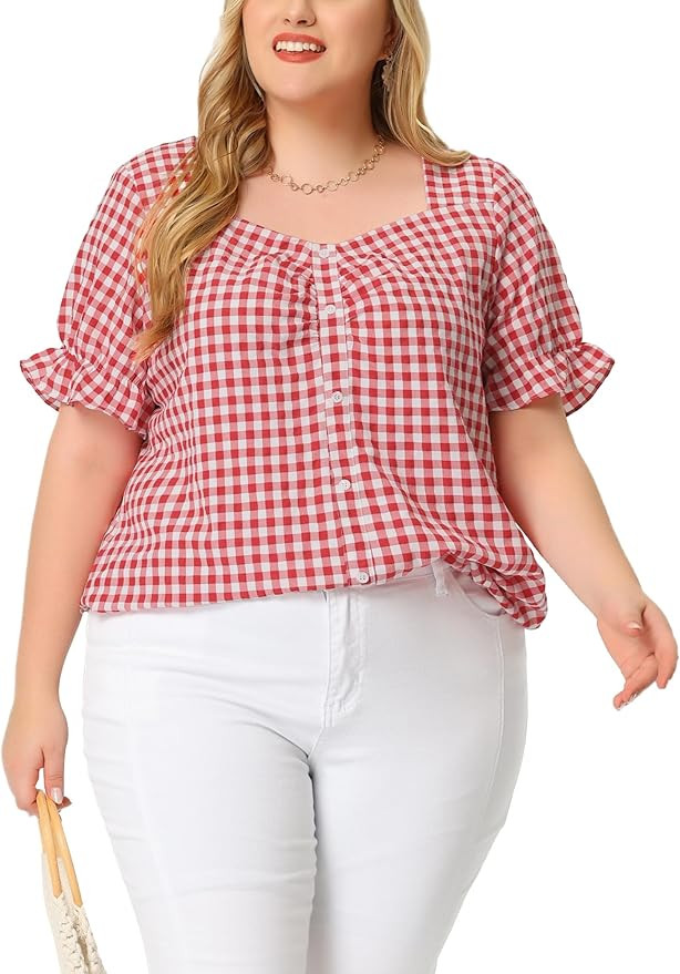 Agnes Orinda Women's Plus Size Gingham Tops 1950s Sweetheart Neck Flounce Sleeve Summer Blouse To... | Amazon (US)
