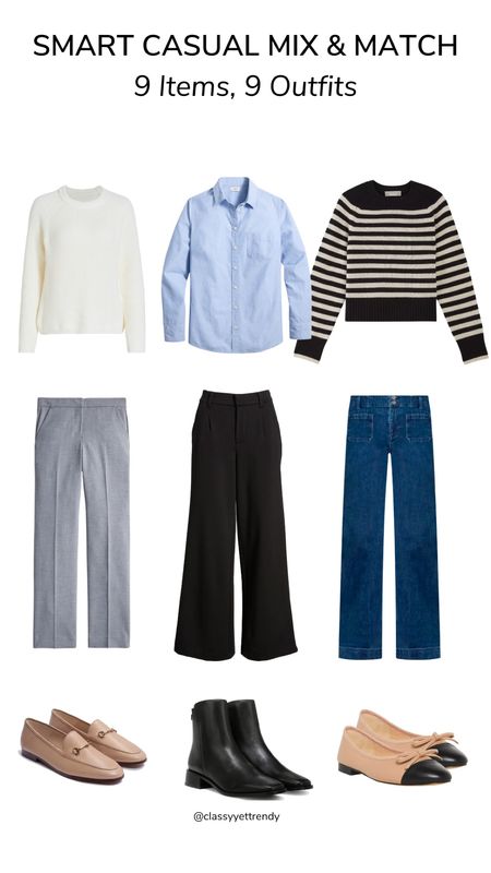 Smart Casual mix and match ✨ Which outfit is your favorite?

Ivory sweater, blue shirt, black striped sweater, gray pants, black pants, trouser jeans, beige loafers, short boots, cap toe Chanel inspired ballet flats