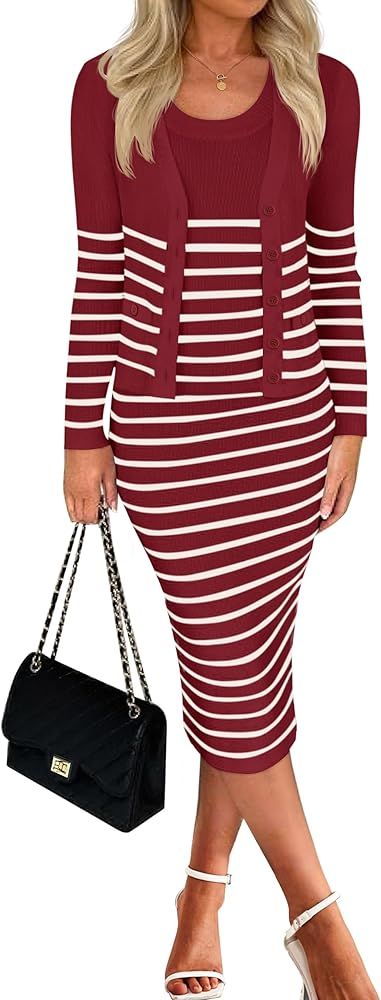 ZESICA Womens Two Piece Outfits Bodycon Sweater Dress Long Sleeve Cropped Cardigan Striped Fall K... | Amazon (US)