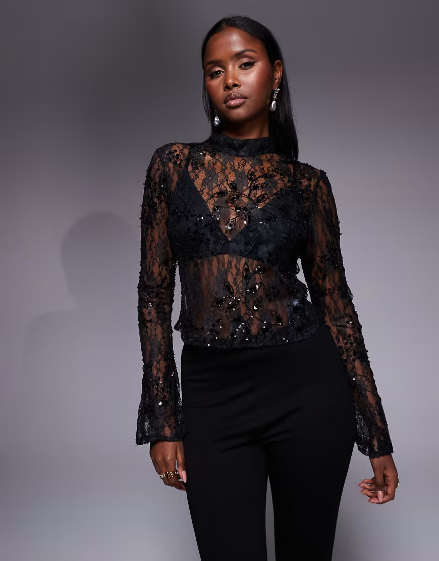 ASOS DESIGN delicate lace scatter sequin flare sleeve top with cutout back detail in black | ASOS (Global)
