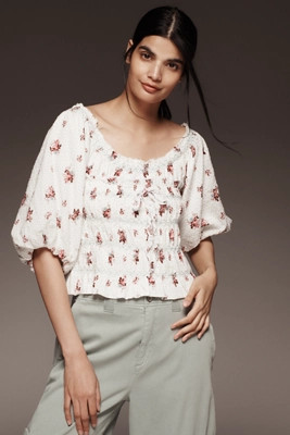 By Anthropologie Puff-Sleeve Smocked Floral Print Blouse | Anthropologie (US)