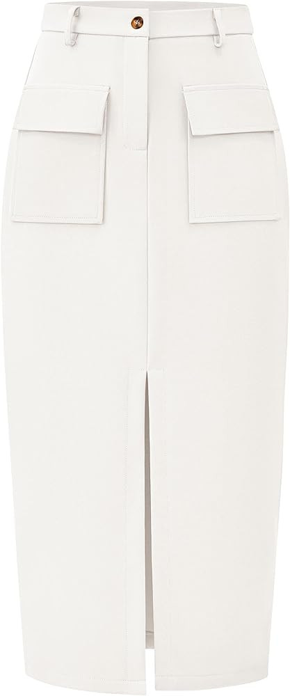 KIRUNDO Women High Waisted Cargo Midi Skirt Trendy Spring Summer Pencil Slit Dressy Casual Busine... | Amazon (US)