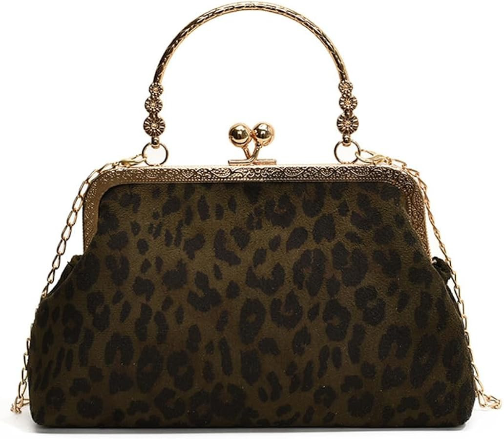 Small Leopard Suede Evening Clutch Purse with Chain Cheetah Print Kiss Lock Evening Tote Handbag ... | Amazon (US)