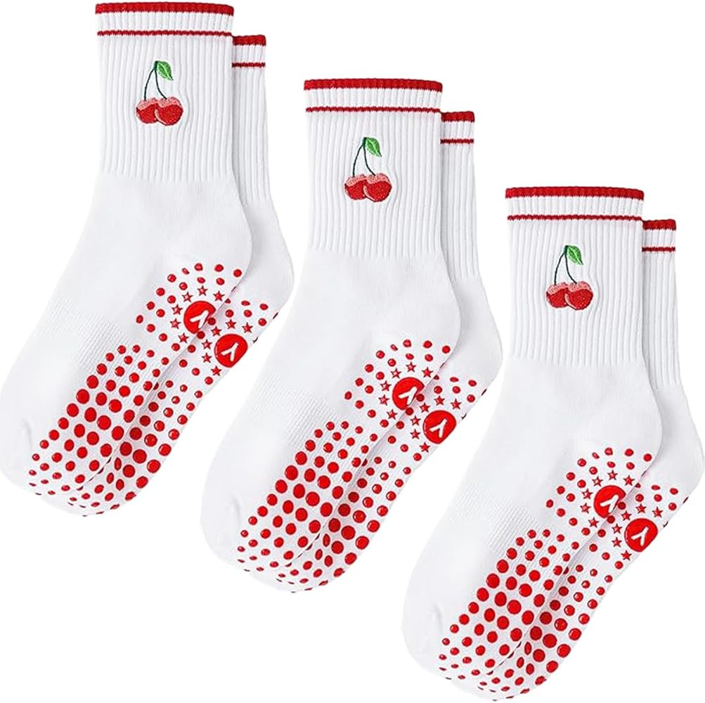 3 Pairs Cute Pilates Grip Socks for Women – Yoga Grippy Non Slip Barre Sticky Crew Socks for Wo... | Amazon (US)
