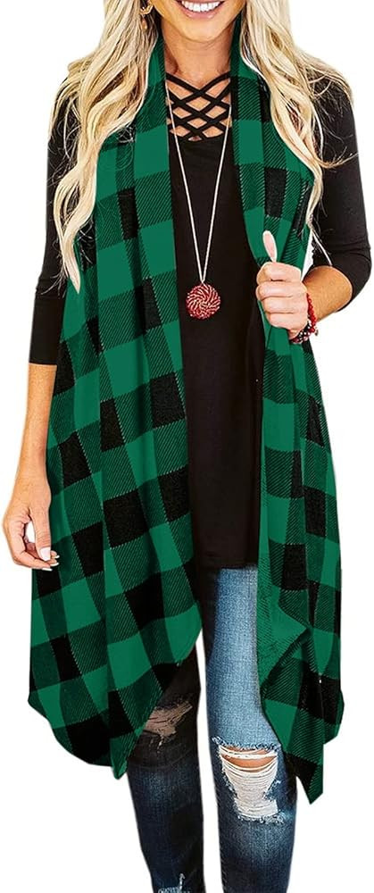 Ivay Womens Plaid Open Front Sweaters Sleeveless Duster Cardigans Drape Lightweight Vest Coat wit... | Amazon (US)