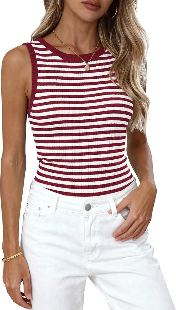 PRETTYGARDEN Summer High Neck Striped Tank Tops for Women Casual Sleeveless Sweaters Basic Ribbed... | Amazon (US)
