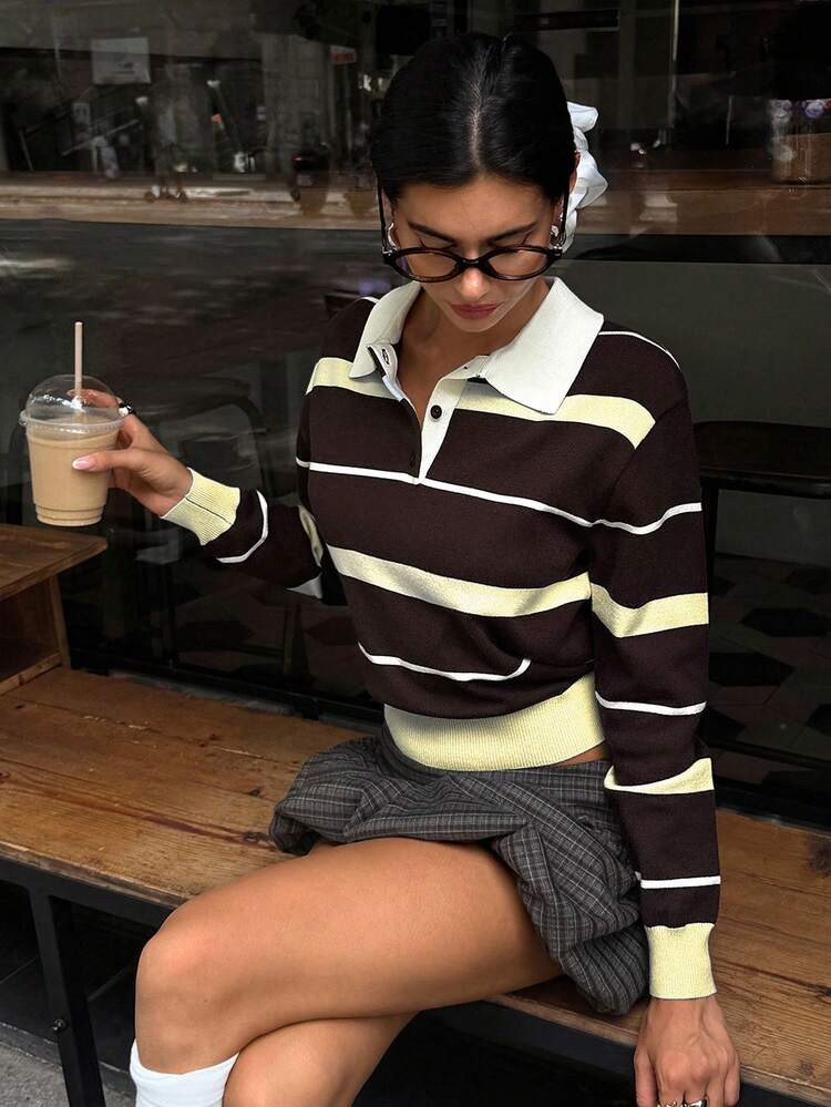 Aloruh Women's Autumn/Winter Collegiate Style Polo Neck Loose Fit Colorblock Striped Brown And Yellow Long Sleeve Sweater,Fall,Fall Clothes For Women,Winter Clothes For Women | SHEIN