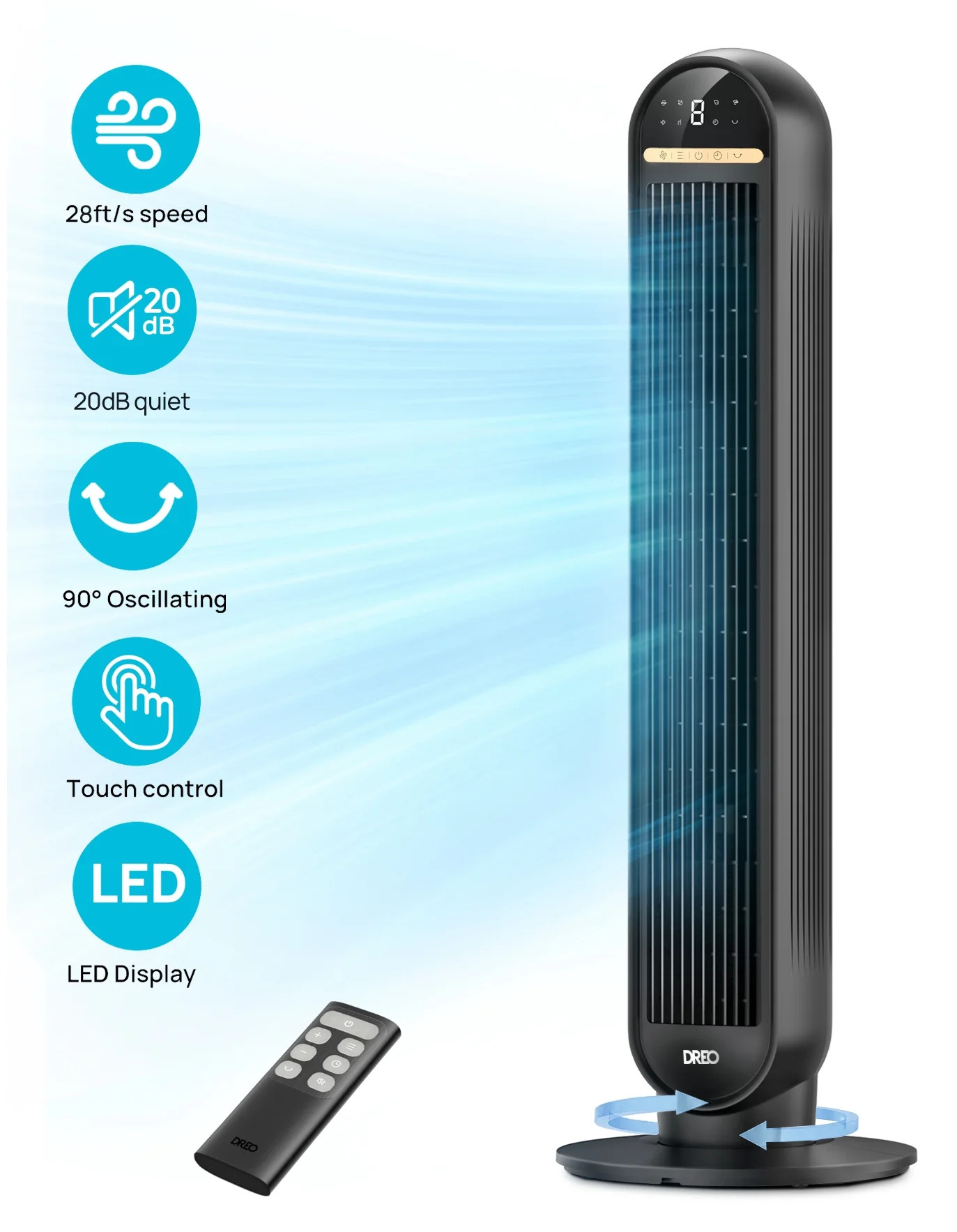 DREO 36" Tower Fan, 20dB Ultra Quiet Fans for Home, 8 Speeds & 4 Modes,  28ft/s Powerful Airflow,... | Walmart (US)