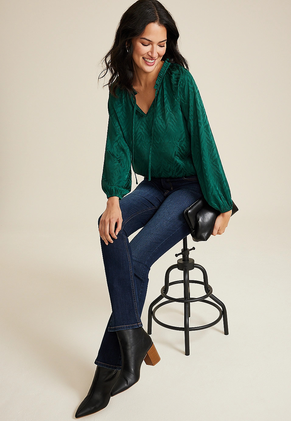 Satin Jacquard Tie Front Blouse | Maurices