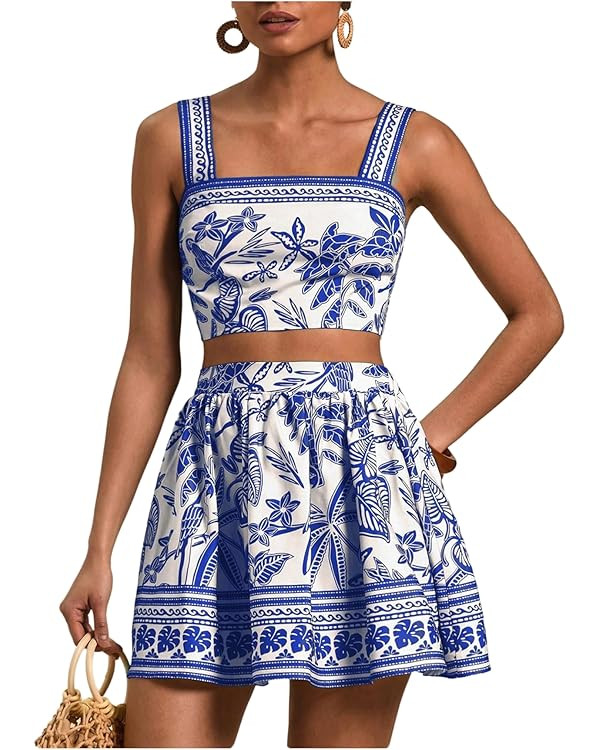 Floerns Women's Two Piece Outfit Tropical Crop Cami Top and Summer Skirts Set | Amazon (US)