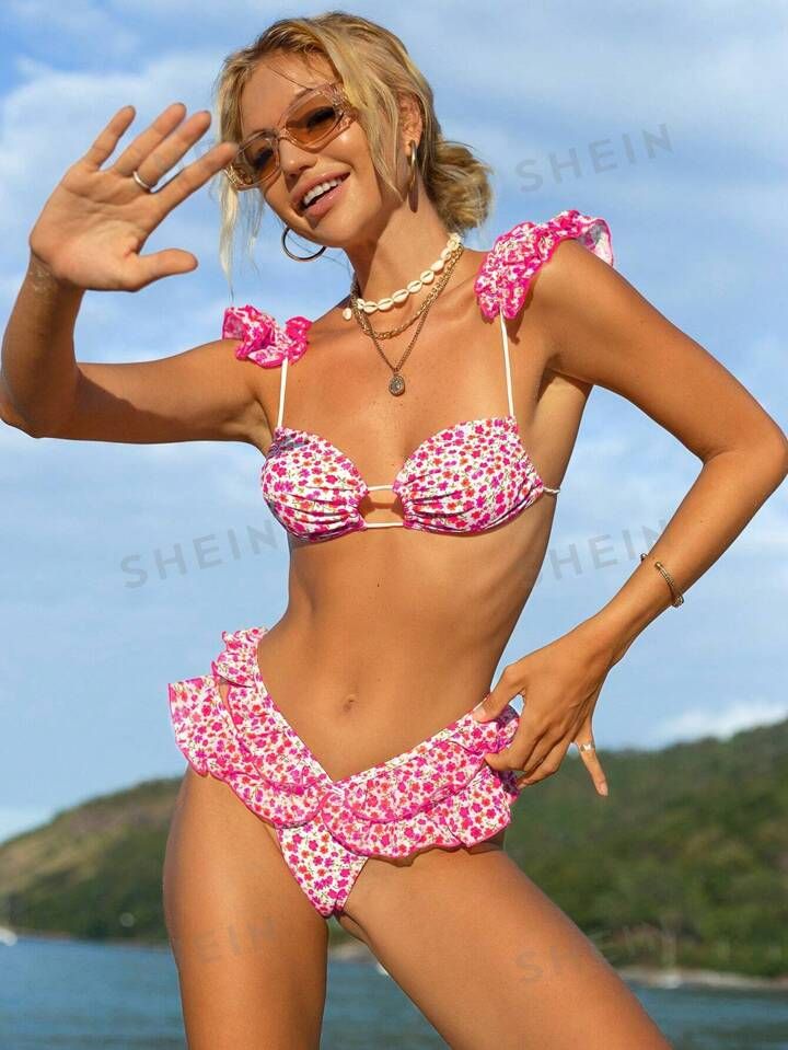 Bikinx Fresh Floral Patchwork Ruched Bikini Set With Frill Trim | SHEIN