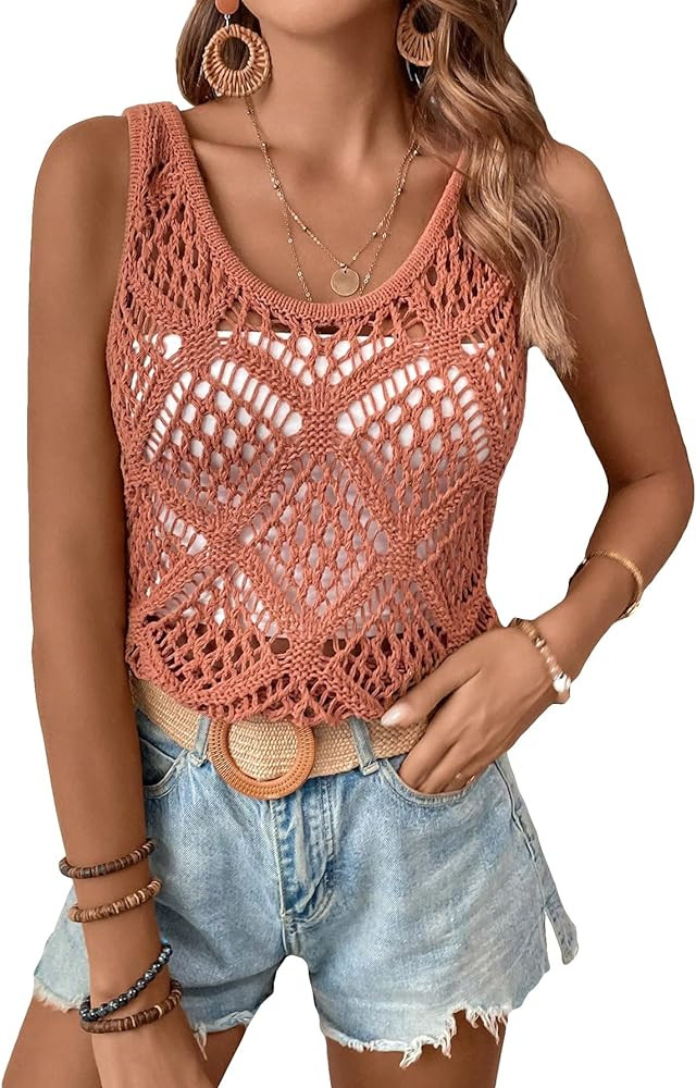 COZYEASE Women's Crochet Tank Tops Knit Sweater Vest Hollow Out Sleeveless Cover Up Summer Boho T... | Amazon (US)