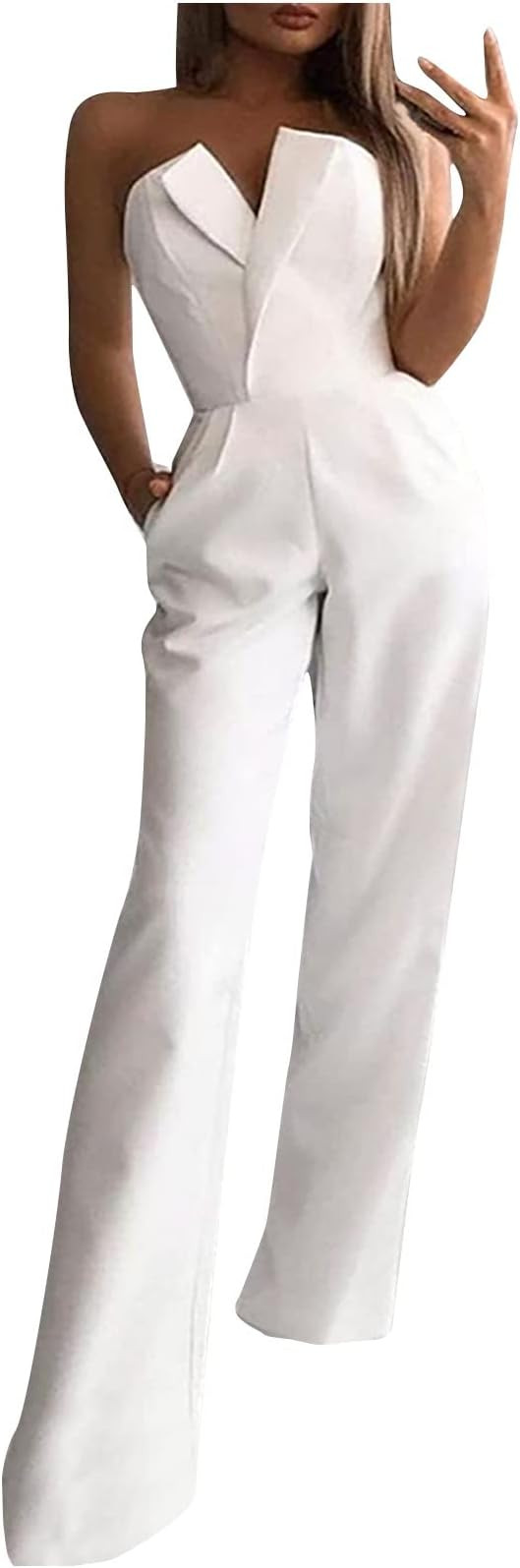 Ladies Strapless jumpsuits Dressy Tube Rompers Sexy Trendy Wide Leg Pants Elegant Jumpsuit for Wo... | Amazon (CA)