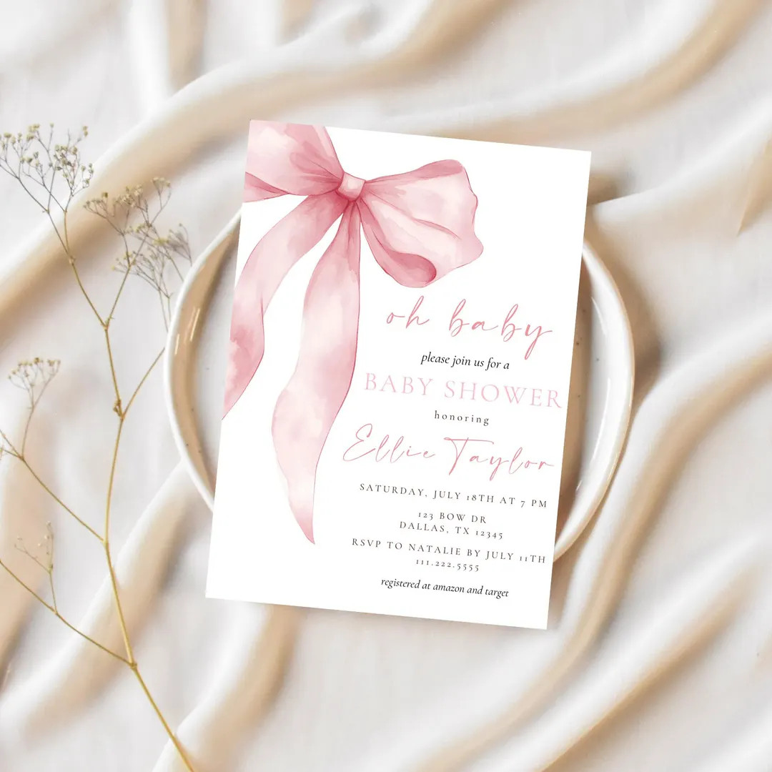 Editable Pink Bow Baby Shower Invitation | Coquette Pink Bow Baby Shower Invite | Preppy Pink Bow... | Etsy (US)