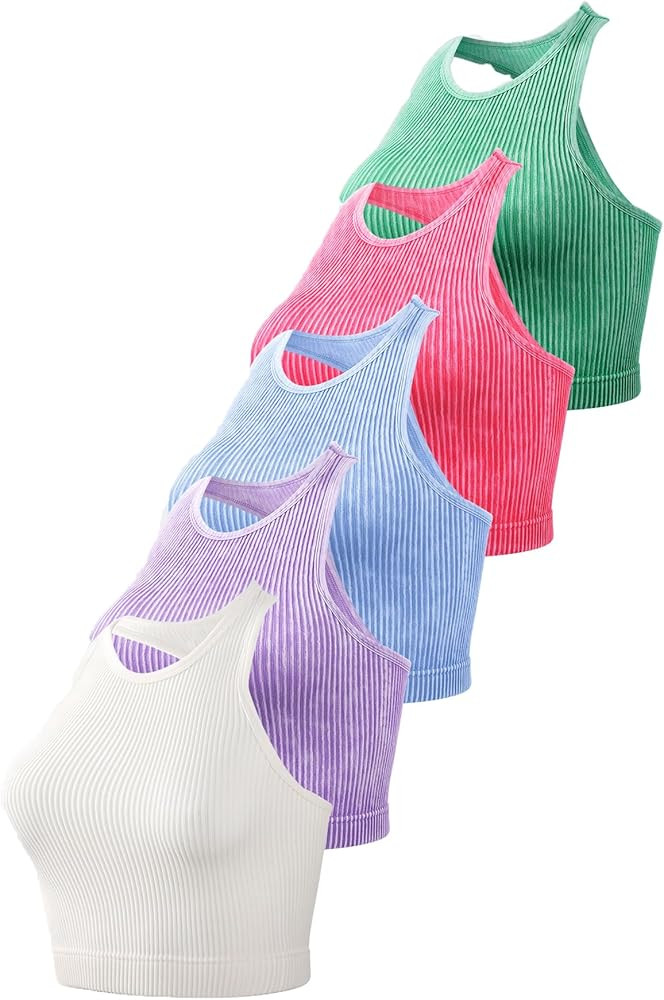 Women's Seamless Ribbed Workout Crop Tank Top,Slim Fit Short Scoop Neck Racerback Tank Tops,Sport... | Amazon (US)