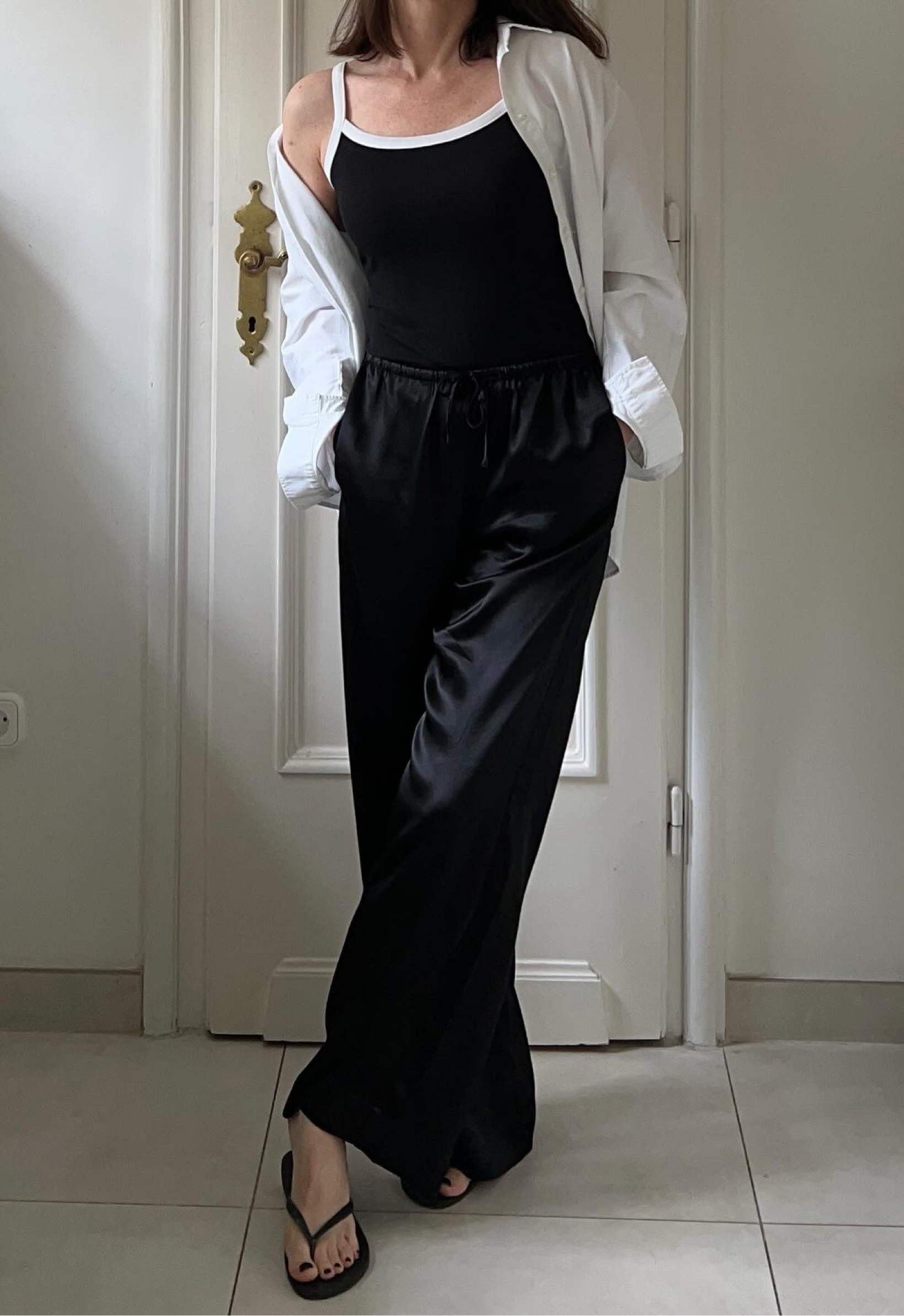 Promo code for top is LUCKY10

Cami top, bkack top, contrast top, satin trousers, black trousers, black satin trousers, black satin pants, black pants, satin pants, spring outfit, summer outfit, casual outfit, white shirt, white shirt outfit, flip flops

#LTKstyletip #LTKuk #LTKsummer