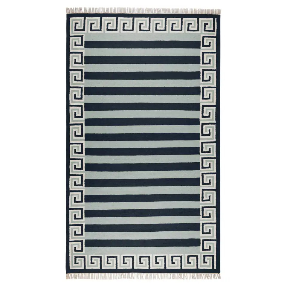Handwoven Wool Stripe Rug, 8' x 10', Sky Blue, Navy and Eggshell | 1stDibs
