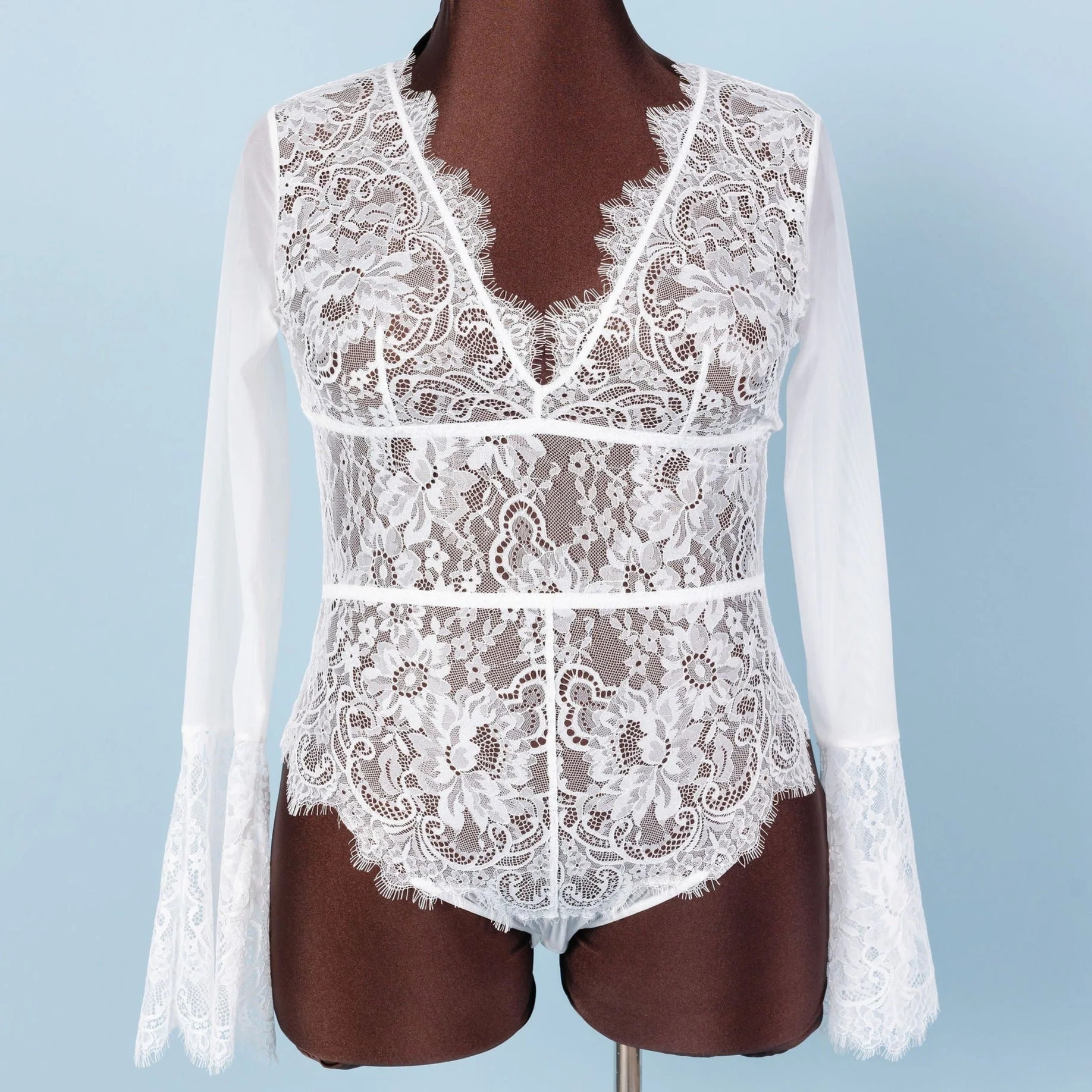 Eyelash Lace Bell Sleeve Teddy - White | Mentionables