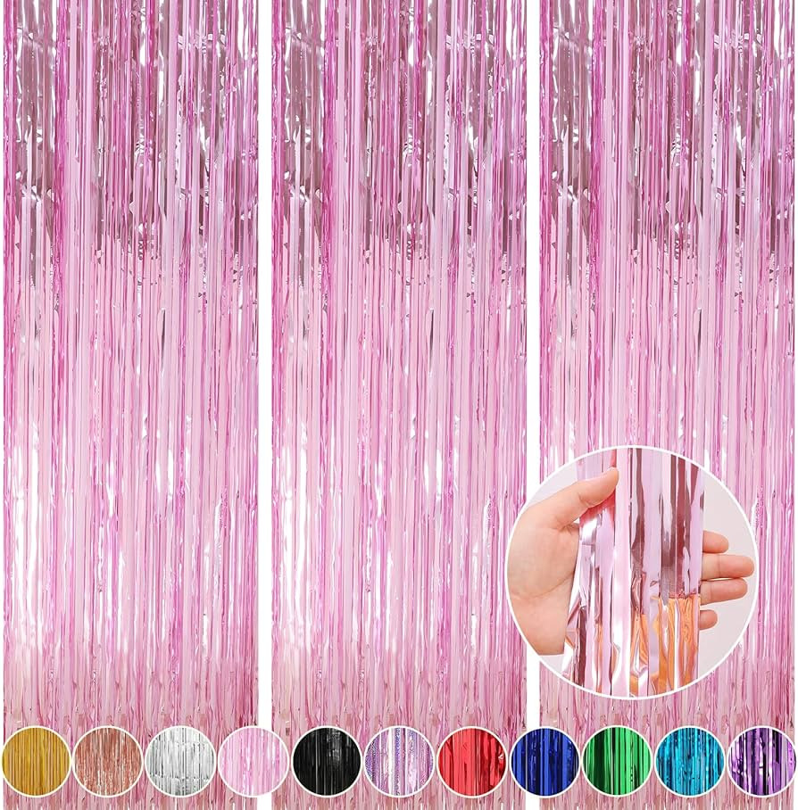 Amazon.com: Crosize 3 Pack 3.3 x 9.9 ft Pink Foil Fringe Glitter Curtains Party Decorations, Tins... | Amazon (US)