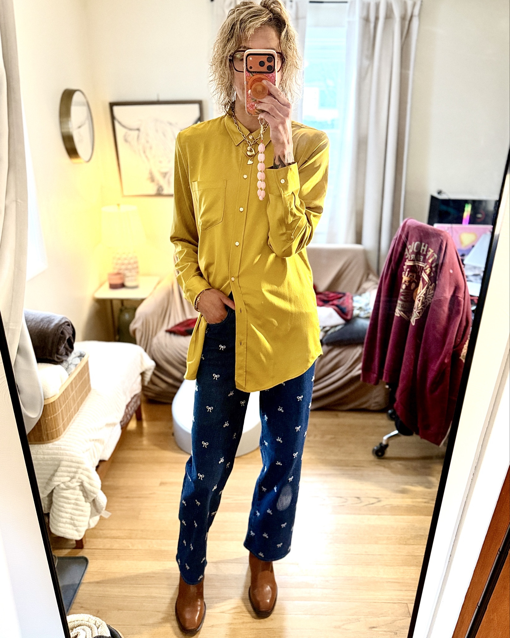 Can we talk about these embroidered bow jeans from J.Crew Factory? 😍 I am obsessed! I went down a size to a 27 tall (they run a little big, so size down 1-2 if you want a snug fit; I kept them loose for comfort).
I styled them with an oversized silk button-down, Vince Camuto block-heel booties, and some gold jewelry—this whole look just feels pulled together without trying too hard. These jeans are giving me all the holiday vibes!

#TallGirlStyle #TallWomenFashion #EmbroideredJeans #JCrewFactory #HolidayStyle #OOTDInspo #AmericanTall #TallFashionTips

#LTKTall #LTKootd #LTKHoliday