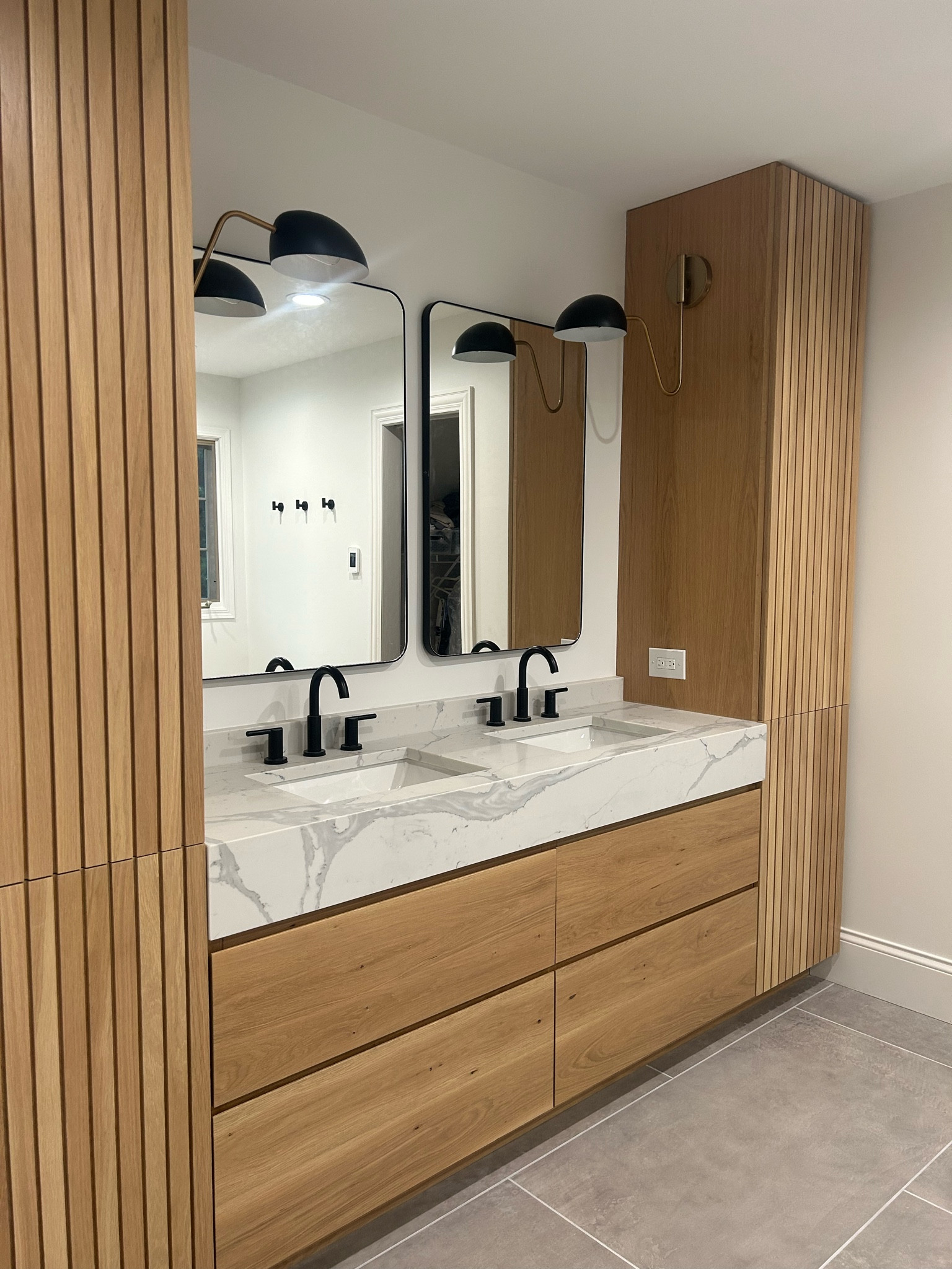 Bedrosians cloe tile Thaddeus tile towel warmer heated quartz bench shower white oak cabinet 

#LTKhome