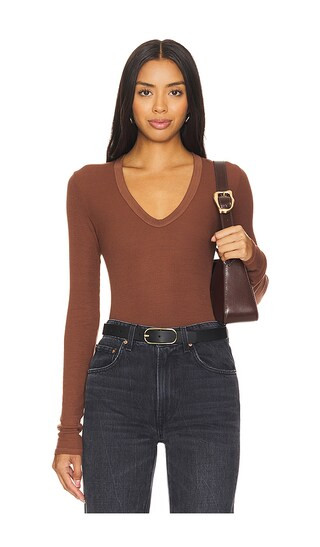Enza Costa Rib Bold U-neck Long Sleeve in Brown. - size S | Revolve Clothing (Global)