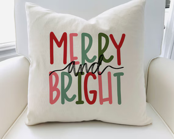 16x16, Merry And Bright, Christmas Pillow, Holiday Pillow Cover, Christmas Decor, Farmhouse Pillo... | Etsy (US)