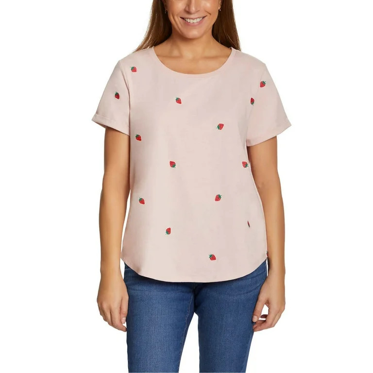 Vintage America Women's Strawberries Embroidered Relaxed Fit Tee Lightweight Cotton Blend T-Shirt | Walmart (US)