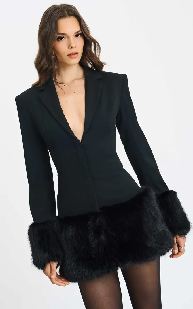Miss Circle Wenona Faux Fur Trimmed V-Neck Mini Blazer Dress | Nordstrom | Nordstrom