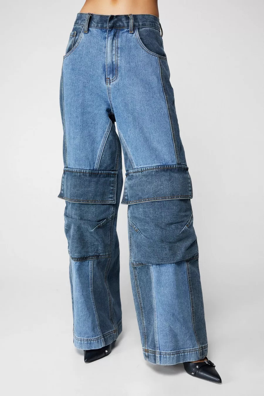 Denim Color Block Cargo Wide Leg Jeans | Nasty Gal US