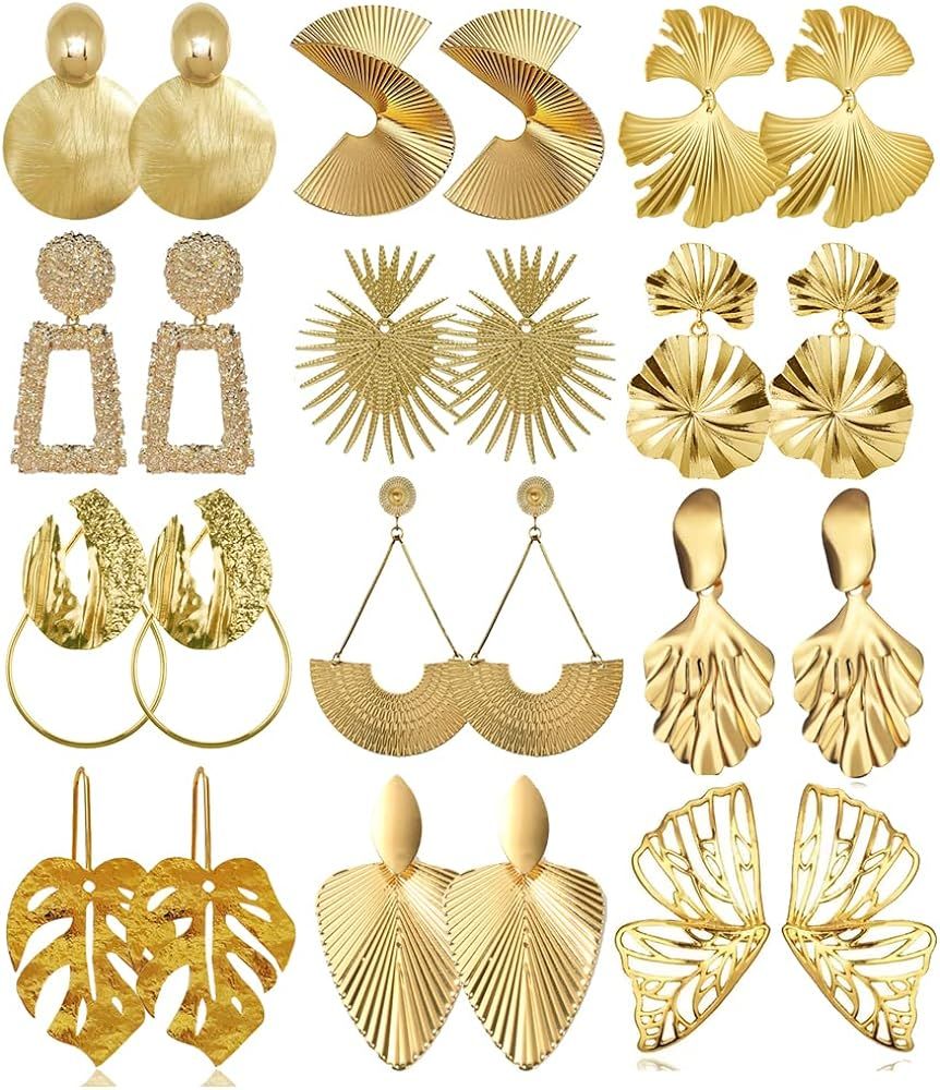 12 Pairs Gold Silver Geometric Earrings Exaggerated Statement Earrings Punk Stylish Sectored Twisted | Amazon (US)